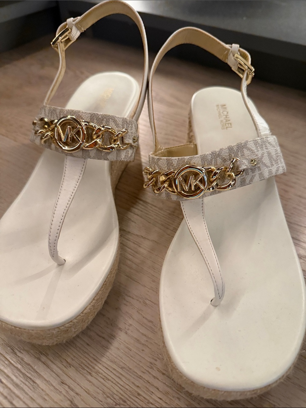 Michael Kors White Logo Chain Thong Wedge Sandals